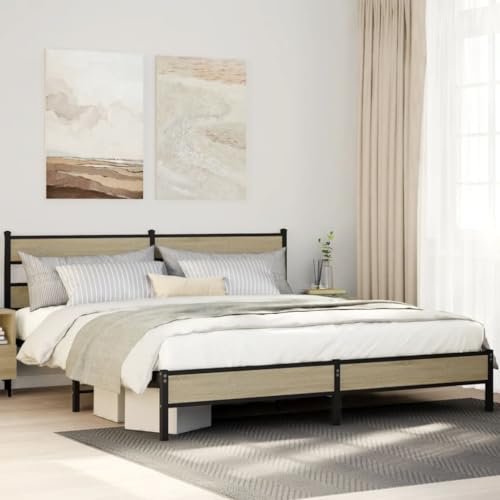 Teenpull Stabiles Metall Bettgestell ohne Matratze, Sonoma-Eiche Optik, für 183x213 cm Schlafzimmer Doppelbett, Robustes Bettrahmen mit Kopfteil, integriertem Stauraum, modernes Design Möbel von Teenpull