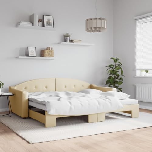 Teenpull Tagesbett Ausziehbar Creme 90x200 cm, Samt Stoff Schlafsofa mit Rollkasten, Stabiler Metall-Holzrahmen für Gästezimmer und Wohnzimmer, vielseitiges Funktionsmöbel von Teenpull