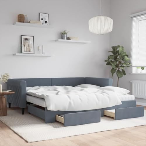 Teenpull Tagesbett Ausziehbar Dunkelgrau Samt 100x200 cm, 2-in-1 Schlafsofa mit Schubladen, Inkl. 2 Matratzen, Robuster Bettrahmen Unterbau Möbel für Gästezimmer von Teenpull