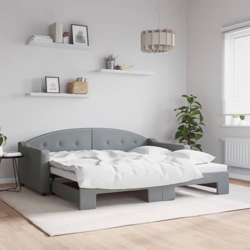 Teenpull Tagesbett Ausziehbar Hellgrau, 90x190 auf 180x190 cm erweiterbar, Polsterstoff Schlafsofa Gästebett, Robustes Bettrahmen Möbel aus Holz Metall für Wohnzimmer Schlafzimmer von Teenpull
