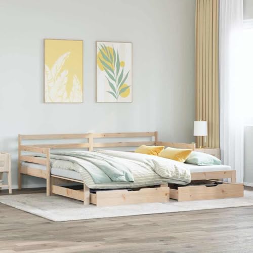 Teenpull Tagesbett Ausziehbar Kiefer Massivholz 2-in-1 Schlafsofa Bettrahmen mit Schubladen, 90x200 cm Einzelbett Plattform Kopfteil Design, Möbel für Gästezimmer ohne Matratze von Teenpull