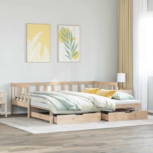 Teenpull Tagesbett Ausziehbar Massivholz Kiefer 90x200 cm mit 2 Schubladen, Vielseitiges Sofa Bett, Praktische Schlafmöglichkeit für Gästezimmer, Platzsparende Möbel Rahmen von Teenpull