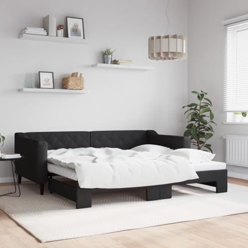 Teenpull Tagesbett Ausziehbar Schwarz 90x190 cm, Stoffbezug mit robustem Metallrahmen, vielseitiges Schlafsofa für Gästezimmer, modernes Design von Teenpull