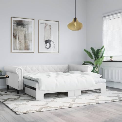 Teenpull Tagesbett Ausziehbar mit Matratzen, Weißes Kunstleder Schlafsofa 90x200 cm, Modernes Design Bettgestell mit Schaumstoffmatratzen von Teenpull