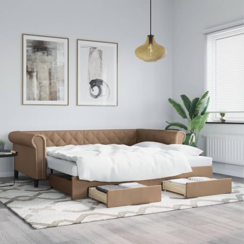 Teenpull Tagesbett Ausziehbar mit Schubladen Braun 90x200 cm Kunstleder gepolstert, Robustes Holz-Metall Bettgestell, vielseitiges Schlafsofa modernes Möbel Gästezimmer Stauraum Teenpull Tagesbett Ausziehbar mit Schubladen Braun 90x200 cm Kunstleder gepolstert, Robustes Holz-Metall Bettgestell, vielseitiges Schlafsofa modernes Möbel Gästezimmer Stauraum von Teenpull