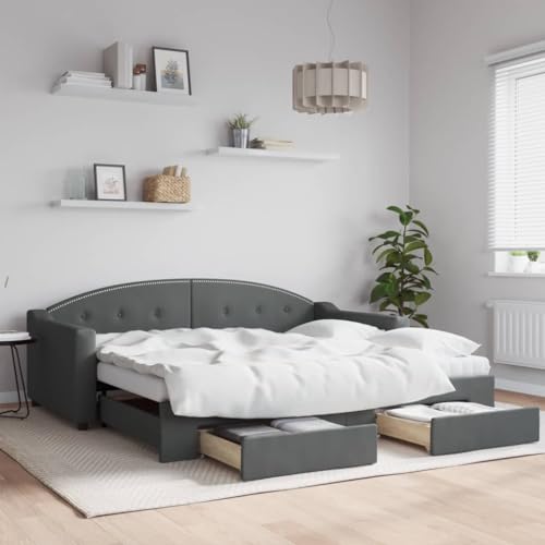 Teenpull Tagesbett Ausziehbar mit Schubladen Dunkelgrau 90x190 cm, Robustes Stoff Sofa Bett mit 2 Schaumstoffmatratzen, Vielseitiges Gästebett für Schlafzimmer von Teenpull
