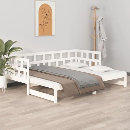 Teenpull Tagesbett ausziehbares Schlafsofa, Massivholz Kiefer weiß, 2X(90x200) cm, Robustes Bettgestell für Gäste, ideal als Möbelstück von Teenpull