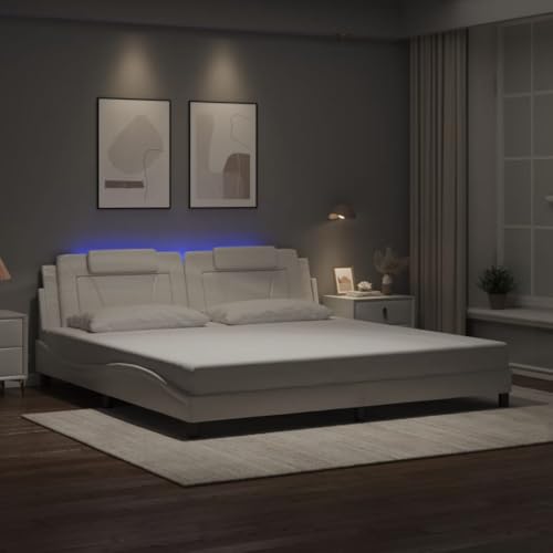 Teenpull Viana Bettgestell 200x200 cm, Weißes Kunstleder mit LED-Beleuchtung, Modernes Wellendesign, Polsterkopfteil für Schlafzimmer, Robuster Lattenrost, Ohne Matratze von Teenpull