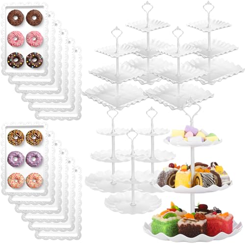 Teenyyou 20 Stück runder quadratischer Dessert-Cupcake-Ständer, Desserttisch-Präsentationsset beinhaltet 8 Stück 3-stöckige Cupcake-Halter, Turm, 12 weiße Serviertabletts für Hochzeit, Geburtstag von Teenyyou