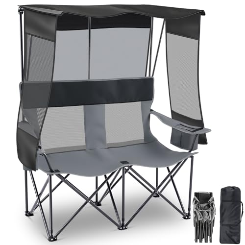 Teenyyou Doppelter Campingstuhl mit Baldachin, 2 Personen, zusammenklappbar, für Camping, Loveseat mit Kühltasche und Getränkehalter-Tasche, schwarz-graue Netz-Rückenlehne, robuster Stahlrahmen, Couch von Teenyyou