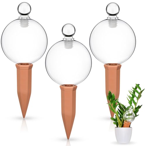Teenyyou Selbstbewässernde Glaskugeln mit terrakottafarbenen selbstbewässernden Spikes, große Glas-Bewässerungszwiebeln, automatisches Pflanzenwassergerät für Innen- und Außenbereich, 3 Stück von Teenyyou