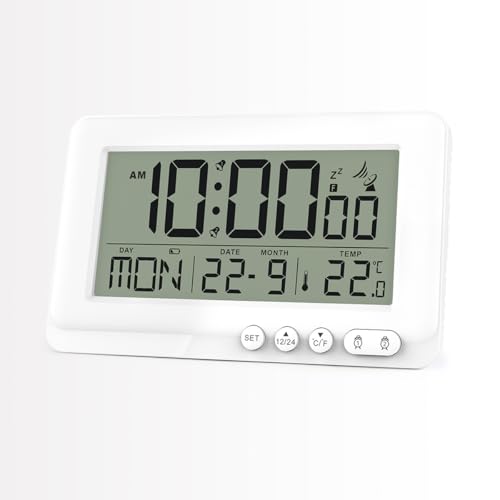 Teepacioka Funkwecker Digital mit Automatische Zeit, Datum, 5-Minuten Snooze, Temperaturanzeige, Kunststoff Digitaler Wecker, 2 x AAA-Batterie (Nicht im Lieferumfang enthalten) (Weiß) von Teepacioka