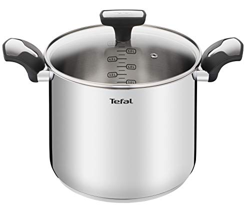 Tefal Emotion Kochtopf, hoch, 22 cm, 6 l, Edelstahl, dicker Boden für gleichmäßige Hitzeverteilung, elegantes Design, robuste Griffe, Glasdeckel, Induktion E3016104, Cranberry von Tefal