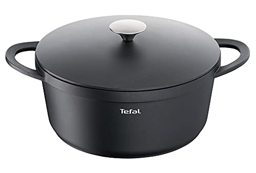 TEFAL TRATTORIA E21853 Schmortopf| Aluguss | Gussdeckel | Antihaft-Beschichtung| gute Wärmespeicherung | für Schmorgerichte | Silikon Griffschutz inkl.| Bratentopf | induktionsgeeignet|Schwarz, 28cm von Tefal