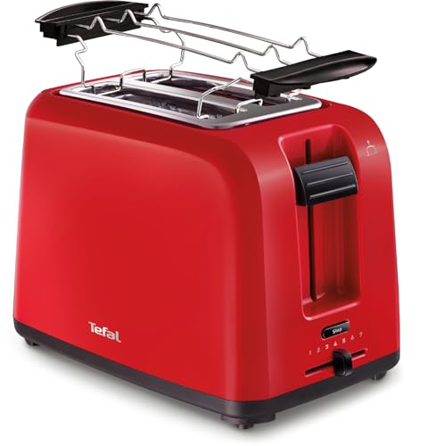 TEFAL TT1A2510 Toaster | Doppelschlitz | mit 7 Bräunungsstufen | inkl. Brötchenaufsatz | Krümelschublade | 800W | Hebefunktion | Funktionstaste für Stopp -Taste, Auftauen und Erwärmen | rot von Tefal