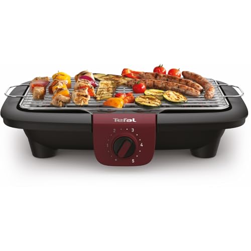 Tefal Easygrill Adjust Red Elektrogrill, 2300 Watt Tischgrill, 870 cm² Grillfläche, einfache Reinigung, Grillrost und Tropfschale spülmaschinenfest, vollständig zerlegbar, schwarz/burgunderrot, BG90E5 von Tefal