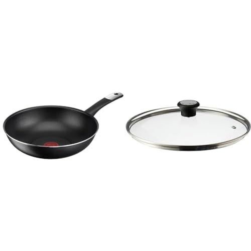 Tefal C38819 Hard Titanium Essential Wokpfanne 28 cm & Glasdeckel 28 cm, Edelstahlfassung, Spülmaschinenfest, Dampfventil, Thermokunststoffgriff, 28097712 von Tefal