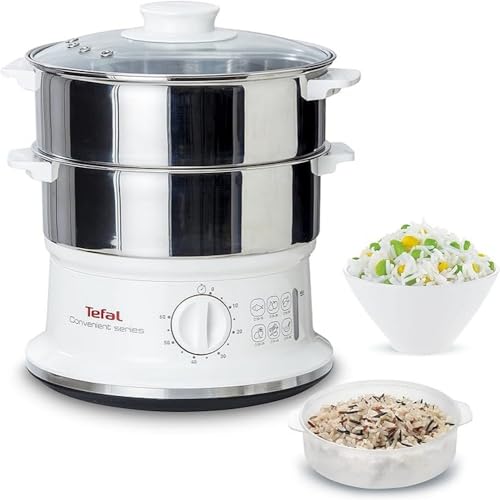 Tefal Dampfgarer VC1451 | 2 Edelstahlbehälter | 6L Fassungsvermögen | 24cm Durchmesser | Timer und automatische Abschaltung | 900W | Weiß von Tefal