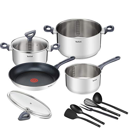 Tefal DAILY COOK Kochgeschirr-Set G713SB | 11tlg. (Stielkasserolle 16cm, Kochtöpfe 20/24cm mit Deckeln, Bratpfanne 28cm, Schneebesen, Schöpfkelle, Löffel, Pfannenwender, Fleischgabel | alle Herdarten von Tefal