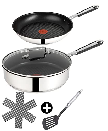 Tefal E30 Jamie Oliver Pfannenset Induktion 5 tlg -SET11- Schmorpfanne 25 cm rund mit Deckel + Pfanne klein 20cm, Energiesparend, Spülmaschinenfest, inkl Schoner + Wender, Pfanne von Tefal