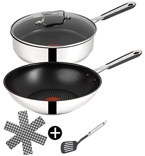 Tefal E30 Jamie Oliver Pfannenset Induktion 5 tlg -SET8- WOK-Pfanne 28 cm tief + Schmorpfanne 25 cm mit Deckel, Pfannen mit Hochrand, Spülmaschinenfest + Ofenfest, Silber von Tefal