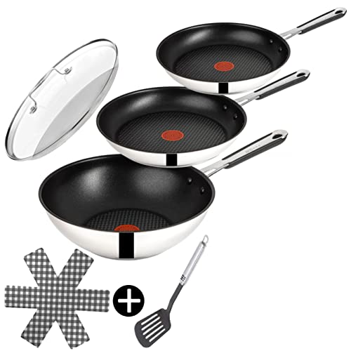 Tefal E30 Jamie Oliver Pfannenset Induktion 6 tlg -SET12- hohe Wok mit Deckel 28 cm, Pfanne 28 cm + 24cm, Edelstahl rostfrei, Wokpfanne Spülmaschinenfest, Antihaft-beschichtet, Silber von Tefal