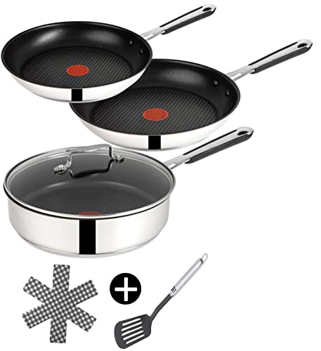 Tefal E30 Jamie Oliver Pfannenset Induktion 6 tlg -SET15- Schmorpfanne mit Deckel 25cm Hoher Rand, Pfanne 20 cm + 28 cm, Beschichtet, Ofenfest, Spülmaschinenfest von Tefal