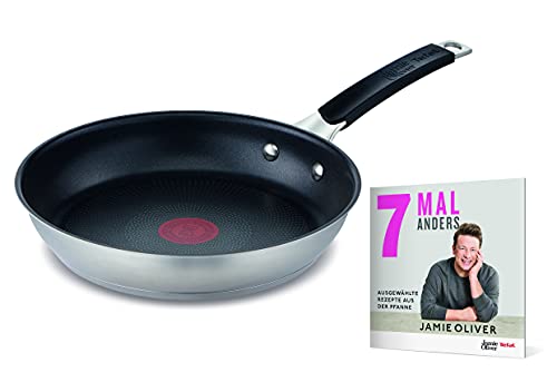 Jamie Oliver by Tefal Bratpfanne 28 cm, Rezeptheft, Antihaft, Induktion, Edelstahl, Genieteter Griff mit Silikoneinlage, Thermo-Signal, E51206AZ.JO7 von Tefal