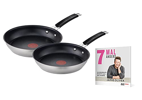 Jamie Oliver by Tefal Pfannen-Set 24/28 cm, Rezeptheft, Antihaft, Induktion, Edelstahl, Genieteter Griff mit Silikoneinlage, Thermo-Signal, E51292.JO7 von Tefal