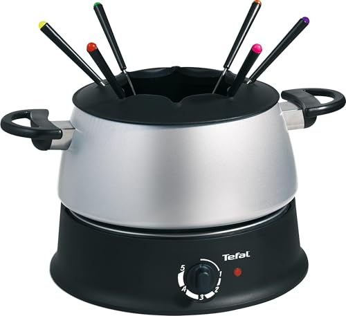Tefal EF3000 Fondue Base Ronde|1200 Watt| mit 6 farbigen Gabeln| Für jede Fondueart: Öl, Käse, Schokolade| mit Spritzschutz| regelbarer Thermostat| einfache Reinigung| Silber/Schwarz von Tefal