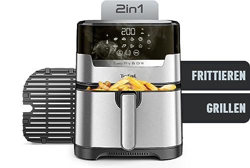 Tefal EY505D Easy Fry & Grill Heißluftfritteuse | 2-in-1 Technologie (Air Fryer und Grill) | Digitales Display | 4,2 Liter für 6 Portionen | 8 Kochprogramme | energiesparend | ohne Öl | Edelstahl, XL von Tefal