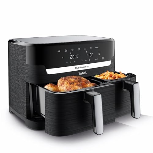 Tefal Dual Easy Fry Heißluftfritteuse Doppelkammer, 5,2/3,1 L Fassungsvermögen, zwei unabhängige Schubladen, 7 automatische Programme, energiesparend, schwarz, EY9018 von Tefal