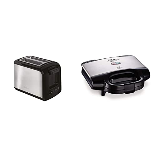 Tefal Express TT410D 2-Scheiben-Toaster, Schwarz, Edelstahl, 2 Scheiben, 850 W, 160 mm & Ultracompact Sandwichmaker SM1552 | für dreieckige Sandwichtoasts | 700W | 26.5 x 12 x 26 cm, Edelstahl/Schwarz von Tefal