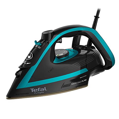 Tefal FV8066 Puregliss Dampfbügeleisen | 280 g/Min. Dampfstoß | Vertikaldampf | XL Wassereinfüllöffnung | stabile Ablage | Anti-Kalk-Ausstattung | Tropfstopp | Auto-Abschaltung | Schwarz/Türkis von Tefal