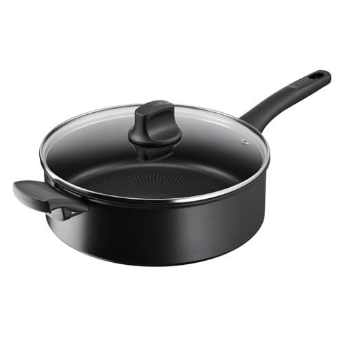 Tefal Hard Titanium On Schmorpfanne 28 cm mit Deckel, Bratpfanne Induktion, Aluminium, Antihaftversiegelung, Thermo-Signal bei idealer Brattemperatur, für alle Herdarten geeignet, Schwarz, G28837 von Tefal