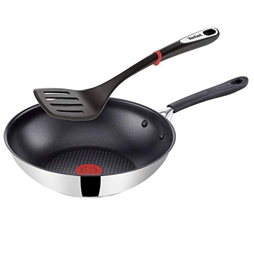 Tefal G43519 Jamie Oliver Induktion Wok Pfanne 28 cm + Tefal Pfannenwender, Edelstahl Pfannen mit Antihaftbeschichtung, Induktionsherd geeignet, Wokpfanne, Genieteter ergonomischer Edelstahlgriff von Tefal