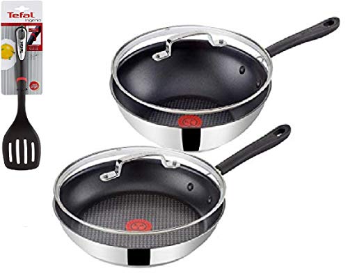 Tefal G435S6 Jamie Oliver Induktion Pfannenset 5-teilig 28cm Pfanne und Wokpfanne mit Glasdeckel + Pfannenwender, Antihaft Pfannen, Induktionsherd geeignet, Edelstahl, Integrierte Temperaturanzeige von Tefal