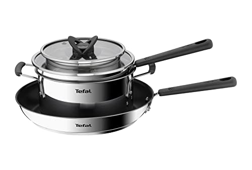 Tefal G737S5 Opti'Space Topf- & Pfannenset 5-teilig | Stielkasserolle 16 cm (inkl. Deckel) | Kochtopf 20 cm (inkl. Deckel) | Pfanne 28 cm | Edelstahl | Antihaftversiegelung (Pfanne) | alle Herdarten von Tefal