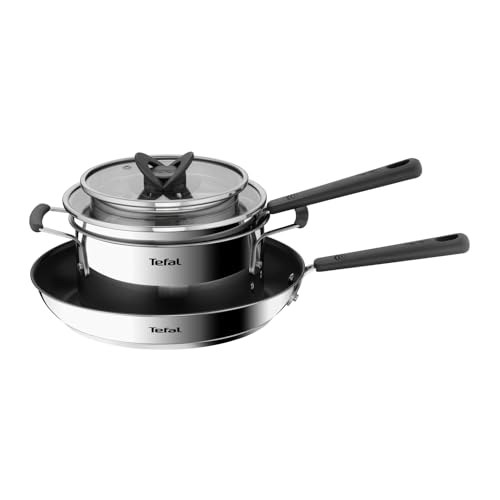 Tefal G737S5 Opti'Space Topf- & Pfannenset 5-teilig | Stielkasserolle 16 cm (inkl. Deckel) | Kochtopf 20 cm (inkl. Deckel) | Pfanne 28 cm | Edelstahl | Antihaftversiegelung (Pfanne) | alle Herdarten von Tefal