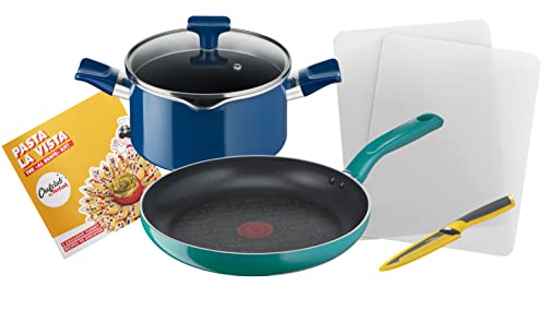 Tefal G804S4 Chefclub Pasta La Vista Kochgeschirr-Set | Titanium Antihaftversiegelung | Thermo-Signal Temperaturanzeiger | unbedenkliches Kochen | einfache Reinigung | induktionsgeeignet | blau/grün von Tefal