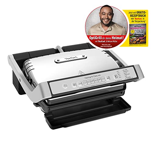 Tefal GC707D OptiGrill Deluxe Kontaktgrill | inkl. Rezeptbuch | 6 intelligente Programme | 5 Garstufen | manuelles Programm | spülmaschinenfeste Platten 600 cm² | Edelstahl/Schwarz, 30x20 cm von Tefal