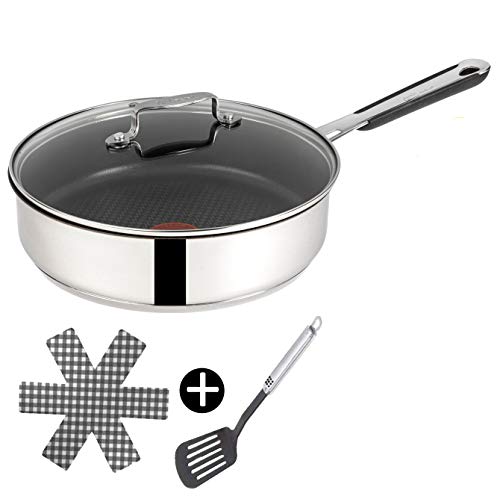 Tefal H80533 Jamie Oliver Edelstahl Schmorpfanne Sautepfanne 25cm+ Glasdeckel, Induktion Pfanne mit Antihaftbeschichtung, Bratpfanne auch für Induktionsherd, inkl Pfannenwender + Pfannenschoner von Tefal