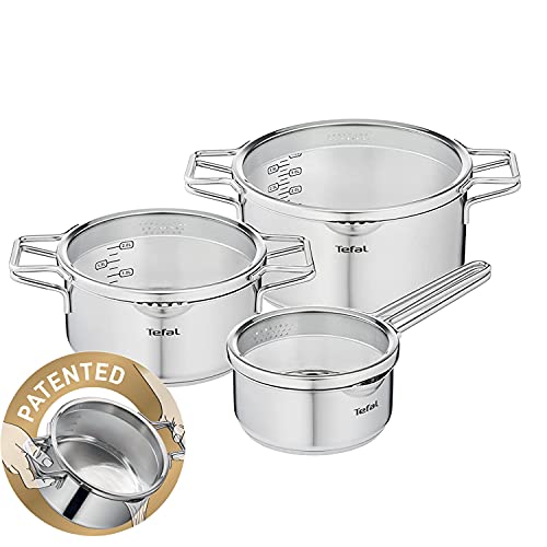 Tefal H852S6 Induktion Topfset 6-teilig, Edelstahl Stielkasserolle 16cm 20/24cm + Deckel, Kochtopf mit patentierten Doppelgriff für praktisches ausgießen, Induktionsherd geeigneter Topf, 18/10 Stahl von Tefal