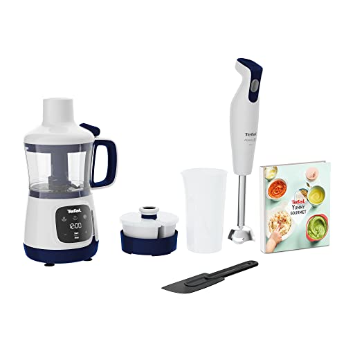 Tefal HB55W4 Yummy Gourmet Babynahrungszubereiter | inkl. Stabmixer, Spatel, Messbecher, 2x Keramikvorratsbehälter, Rezeptbuch | Touchscreen | BPA-frei | spülmaschinenfestes Zubehör | Weiß/Blau von Tefal