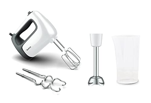 Tefal HT462138 Prep'Mix + Handmixer | Ideal für leichte und zähe Zubereitungen | Leistungsstarker 500-W-Motor | 5 Geschwindigkeiten | Turbo-Funktion | Pürierstab-Aufsatz aus Edelstahl | weiß/grau von Tefal