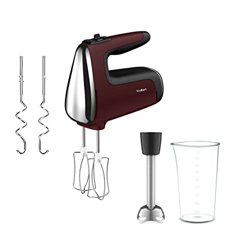 Tefal HT6525 Powermix Silence Handmixer | 600 W Leistung | offener Griff | Geschwindigkeitsstufen + Turbo-Funktion | 2 Schneebesen + 2 Knethaken aus Edelstahl | Stabmixer-Aufsatz aus Edelstahl | Rot von Tefal