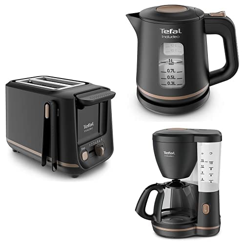 Tefal Includeo Frühstücks-Set |Toaster mit 7 Bräunungsstufen | Wasserkocher mit 1L Fassungsvermögen | Filterkaffeemaschine für 12-15 Tassen | schwarz von Tefal