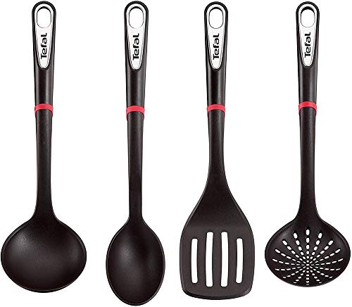 Tefal Ingenio K206S4 Küchenhelfer-Set | Suppenkelle, Gemüselöffel, Löffel, Bratwender | Kunststoff | Schwarz/Silber/Rot- 17,2 x 8,1 x 36 cm (LxBxH) von Tefal