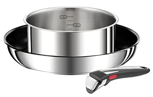 Tefal Ingenio Preference On 3-teiliges Set, Pfanne, Stieltopf, abnehmbarer Griff, Induktion, Edelstahl, sichere Antihaftbeschichtung, stapelbar, spülmaschinengeeignet, L9748802 von Tefal