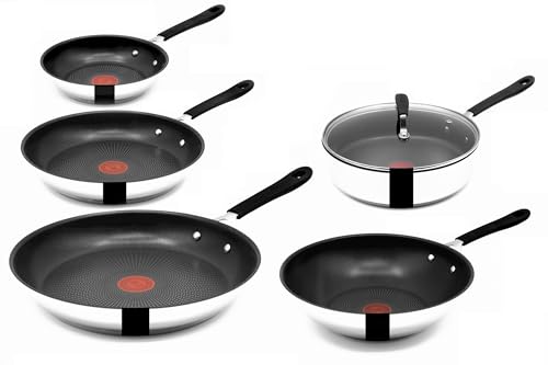 Tefal Jamie Oliver Pfannenset Pfanne 20+24+28cm, Wok28cm, Schmorpf 25cm mit Deckel Induktion, Edelstahl, Antihaft Beschichtet, Pfannen Hoher Rand, Backofenfest, Genieteter Griff, E30 von Tefal